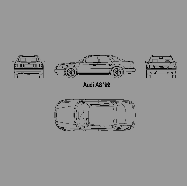 Bloque Autocad Vista de Audi A8 en Alzado, Perfil y Planta